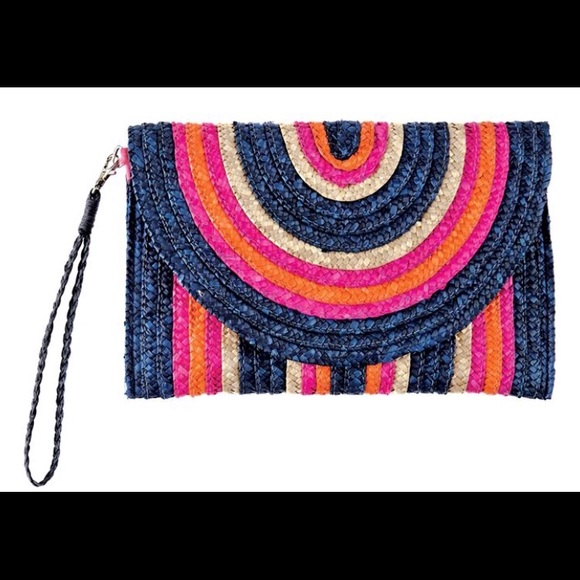 Stripe Straw envelope clutch in Pink/ Navy - Picture 8 of 8